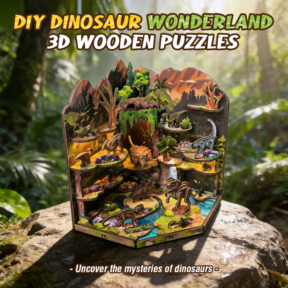DIY 3D Wooden Puzzle Dinosaur Wonderland Diorama Model With LED Light 108Pcs Prehistoric Jungle Scene Assembly Craft Toy