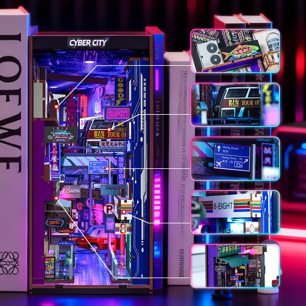 DIY Wooden Neon HK Street Book Nook Shelf Insert Kits Miniature Model Kit Cyber City Bookend for Friends Birthday Gifts