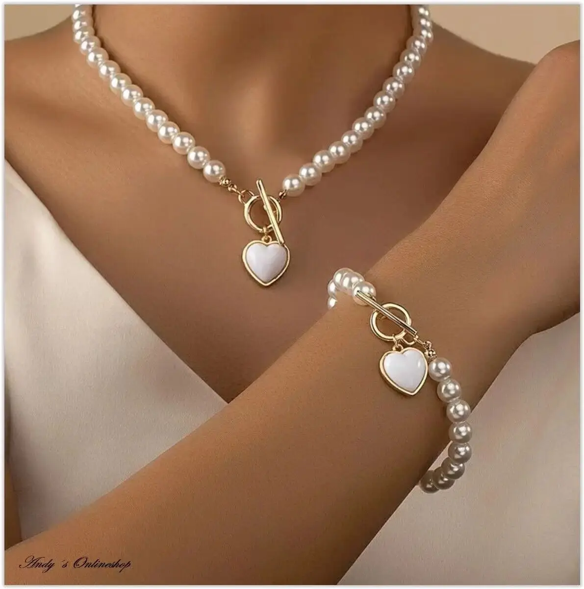 Women's Elegant Simulated Pearl Heart Necklace Bracelet Set
