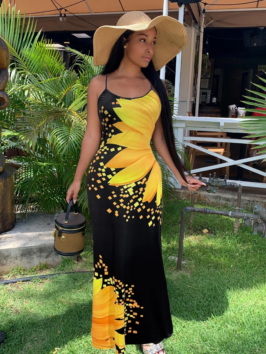 LW Sunflower Print Cami Maxi Dress Women Summer Maxi Dresses Floral Sleeveless U Neck Ankle Length Dresses for Vacation