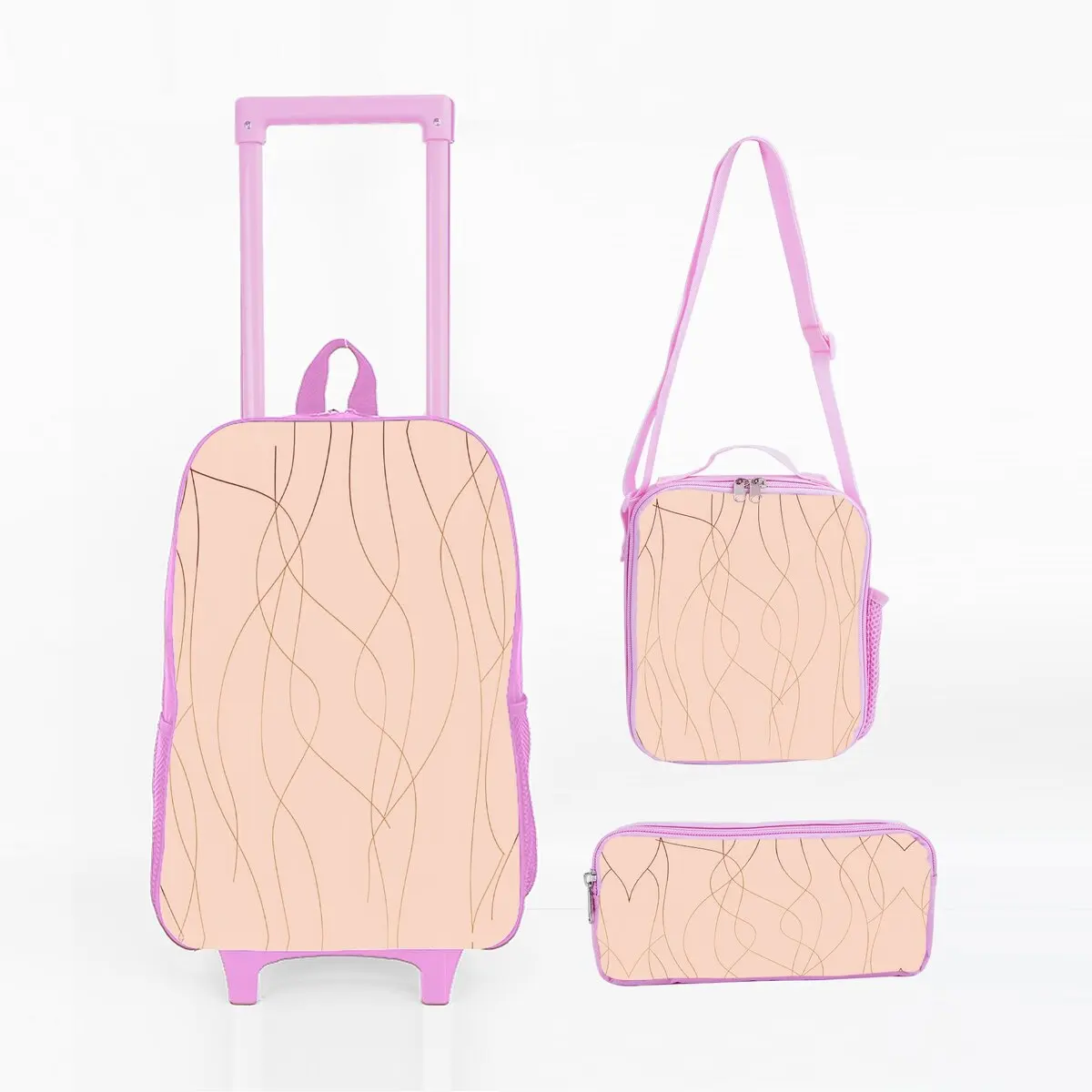 Juego de bolsas con ruedas con estampado de líneas doradas y rosas, con fiambrera, bolsa para bolígrafos con ruedas, mochila escolar con carrito para niñas y niños