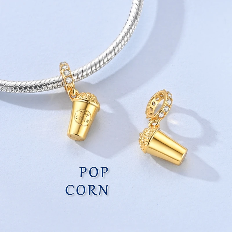 

New 925 Sterling Silver Golden Popcorn Charms Pendant For Women Fit Original Bracelet DIY Birthday Party Jewelry Gifts