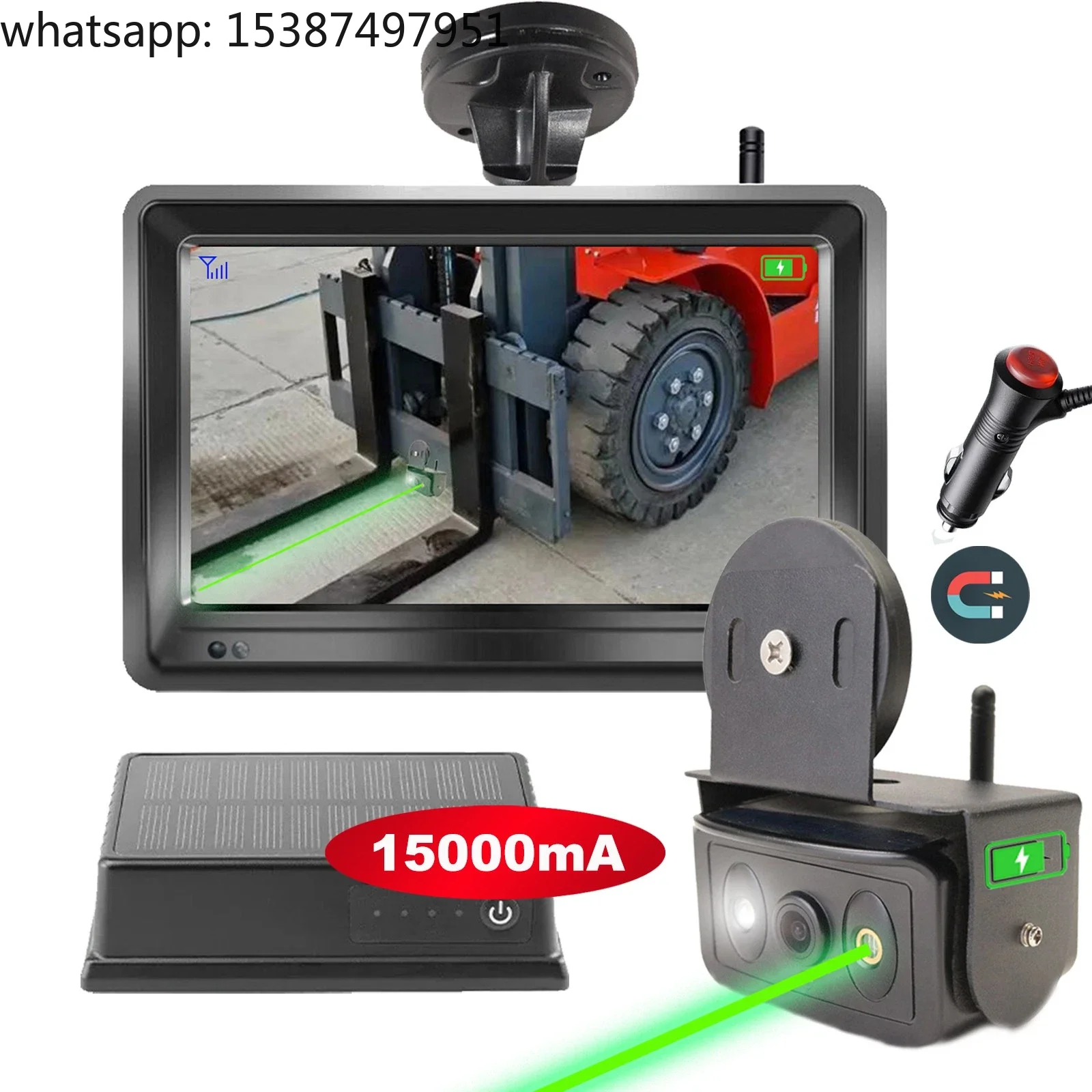 For Wireless 5 Inch Monitor Forklift Camera Front Laser Positioning Loop Recording 15000mAh Battery Rechargeable Magnetic Base