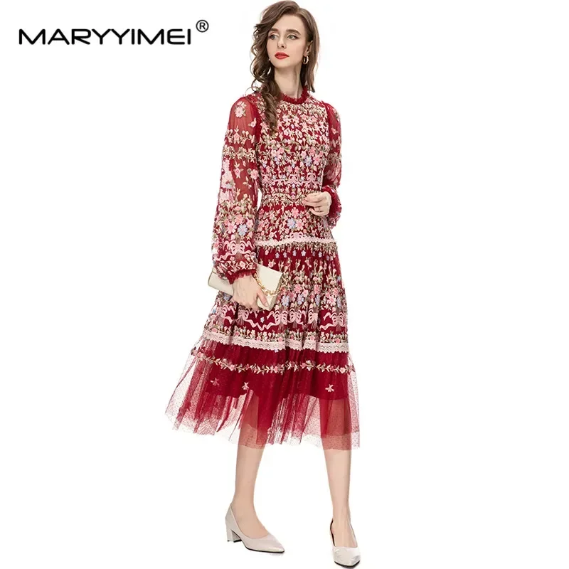 MARYYIMEI ヴィンテージファッションデザイナードレス女性のメッシュ刺繍半透明ランタンスリーブスリムレッドミディドレス 2023 最新