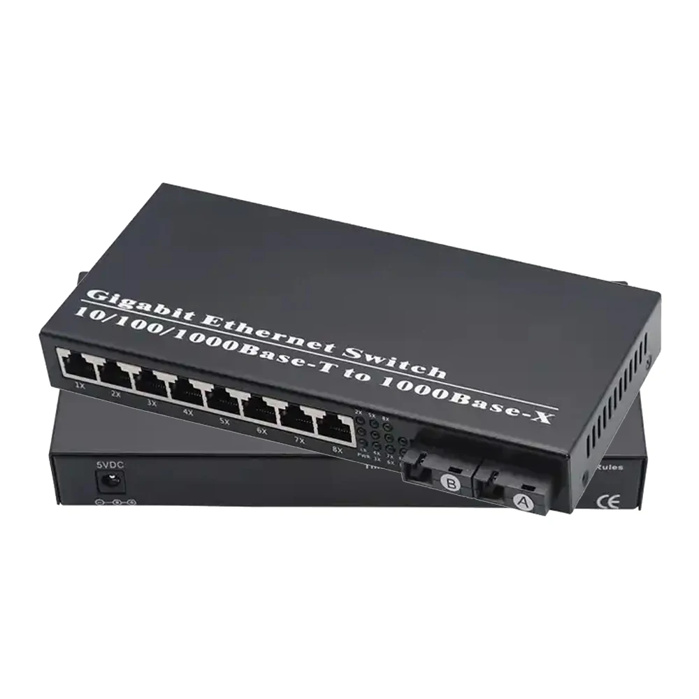 10/100/1000mbps single mode simplex 2 SC to 8 RJ45 Fiber Optical Media Converter Gigabit Ethernet switch G2F8E