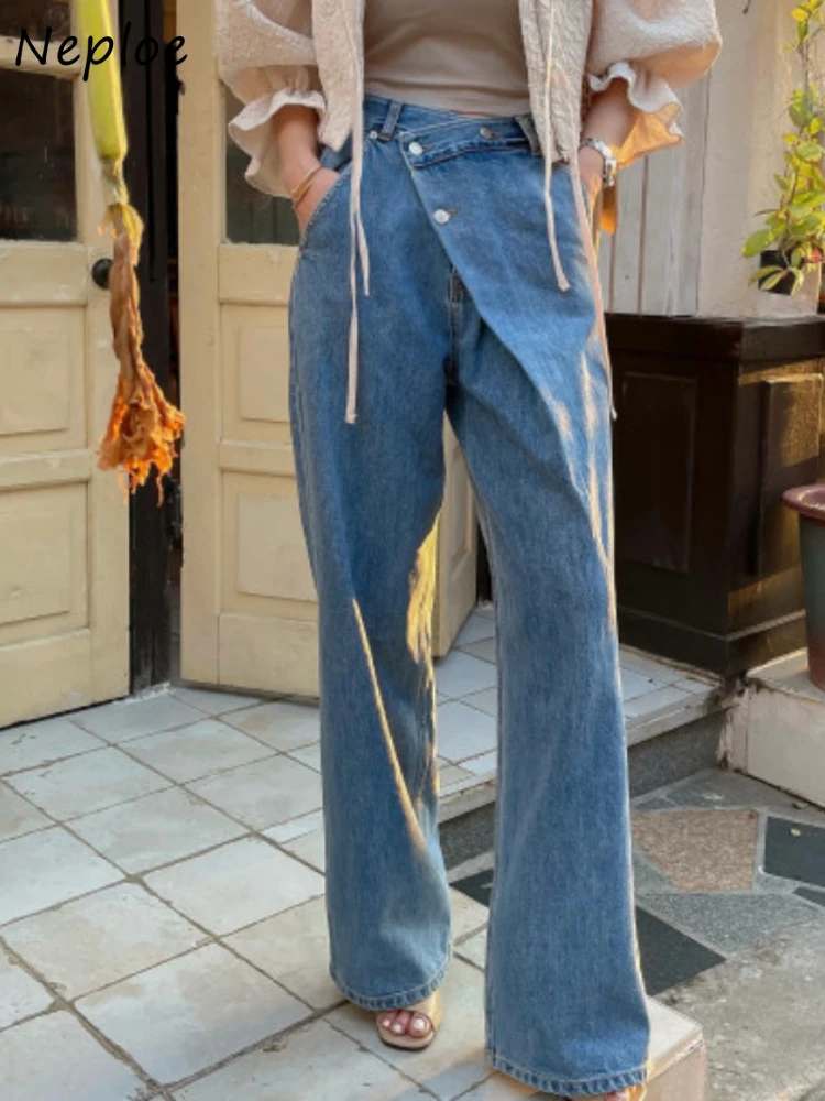 Neploe Vintage Washed Blue Blue Denim Pants High Waisted Diagonal Buckle Jeans for Women 2024 New Loose Straight Trousers