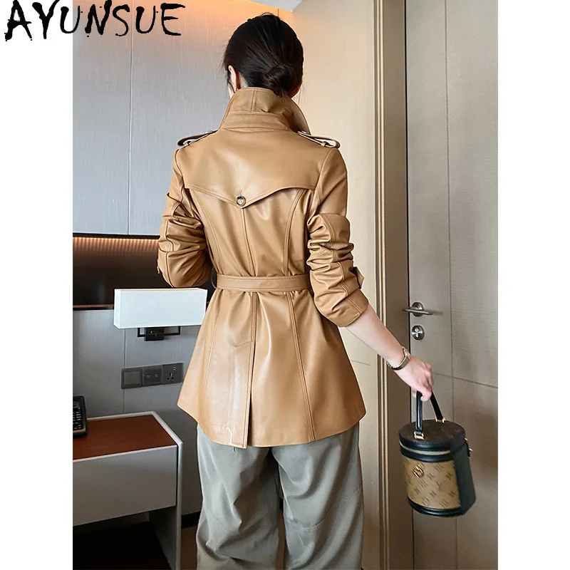 AYUNSUE リアルレザージャケットの女性 2025 春秋服ミッドレングスシープスキンレディースコートトレンチコート Jaqueta デ Couro
