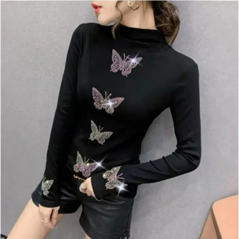 Tops Women Print Bufferfly Top Slim Fit Casual Regular Round Neck Full Sleeve Sheath Elegant Splice Autumn 2024 Temperament