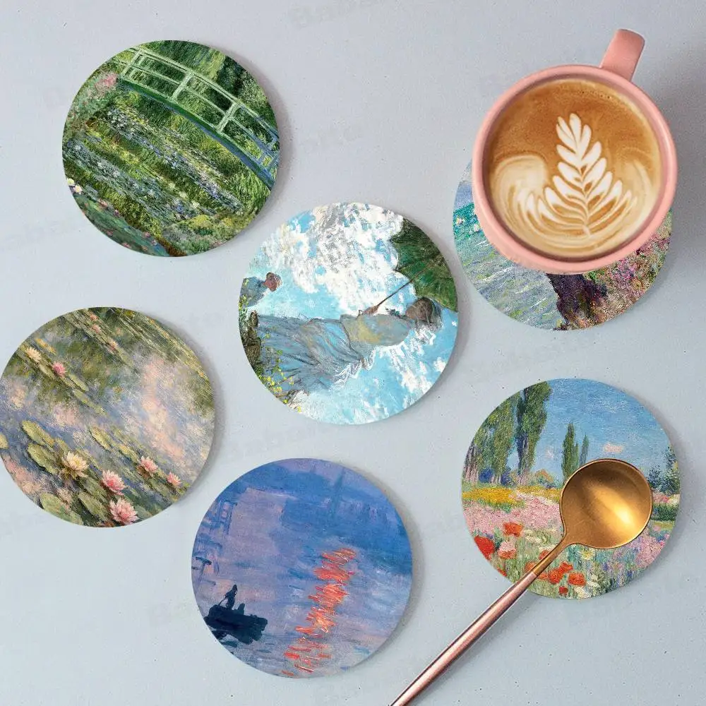 Monet Abstract Landscape Art Retro Wooden Cup Mats Elements Colour Printing Cup Coasters Home Kitchen Decora Gifts