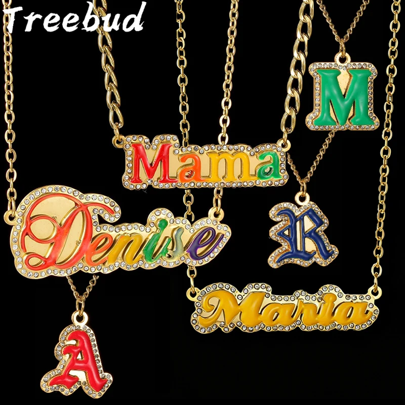 Treebud Colorful Enamel Custom Name Necklace Rhinestone Letter Personality Pendant Stainless Steel Women Men Chain Jewelry Gift