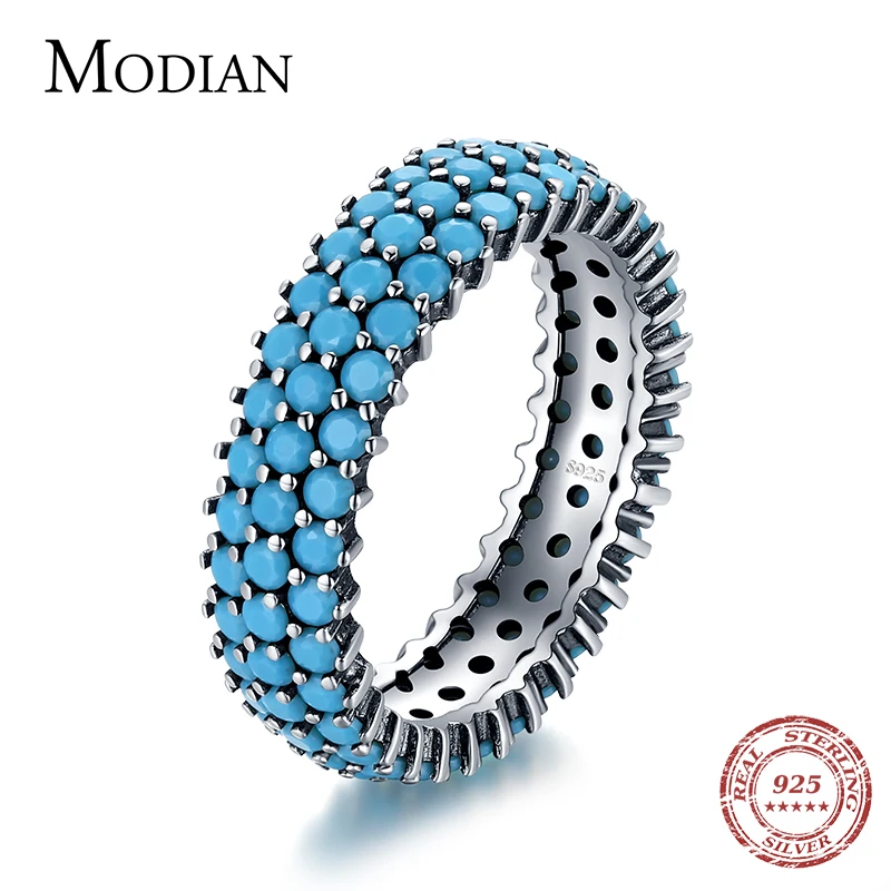 

MODIAN Genuine 925 Sterling Silver Luxury Turquoise Finger Rings For Women Vintage Retro Bohemian Style Rings Fine Jewelry Anel