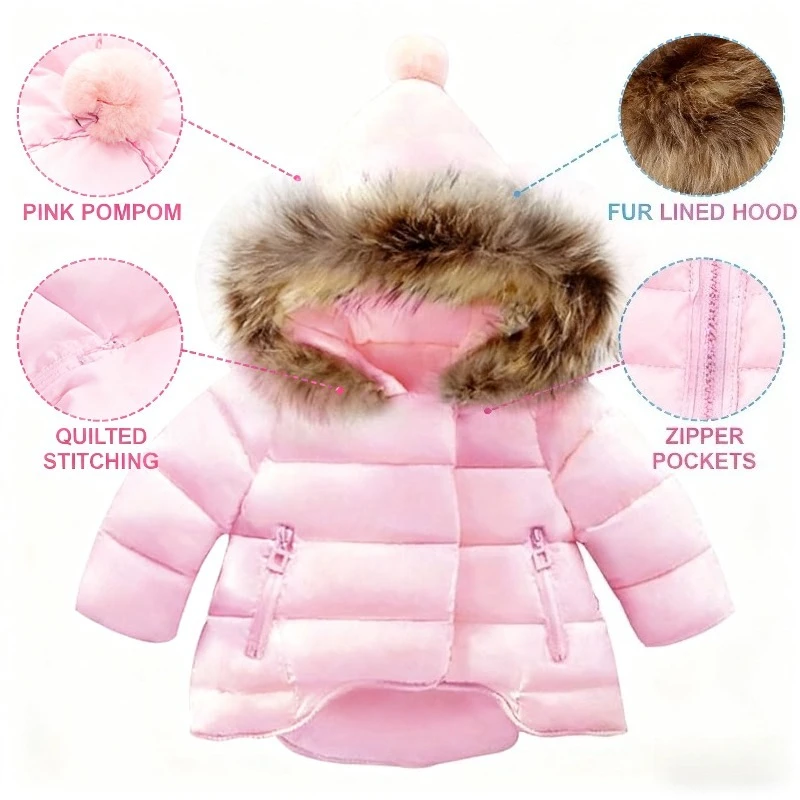 

Детское зимнее стеганое пальто с меховой отделкой, капюшон, красочный помпон, детская куртка-пуховик, теплая плотная верхняя одежда для детей