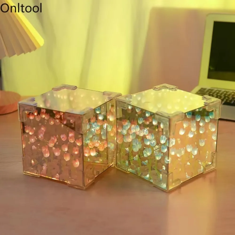 DIY 3D 구름 튤립 LED 야간 조명, 꽃 바다 거울 테이블 램프, 침실 장식, 장식 거울 테이블 램프, 침대 옆 선물