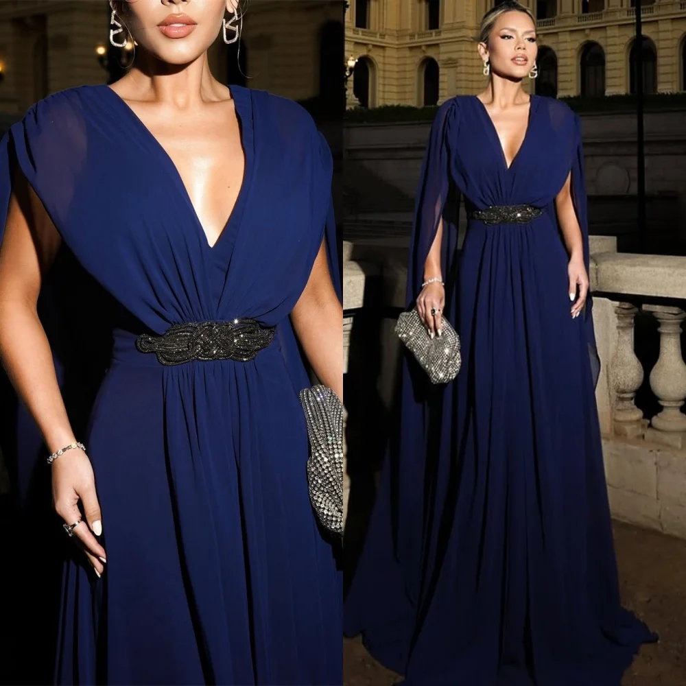 Customized  See Through Blue Chiffon Evening Dresses Exquisite V-Neck Homecoming Dresses Formal Sweep Train Vestido De Festa