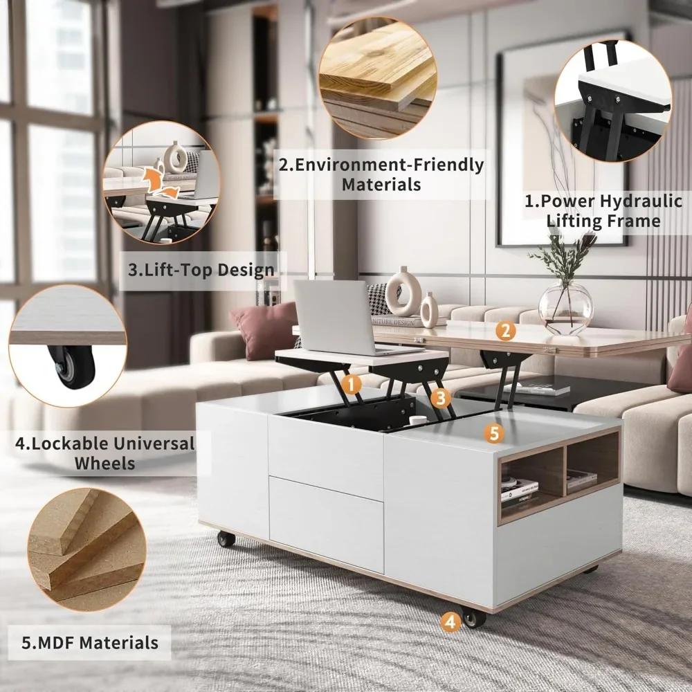 Lift Top Coffee Table with Extendable Tabletop, Storage Drawers & Cabinet