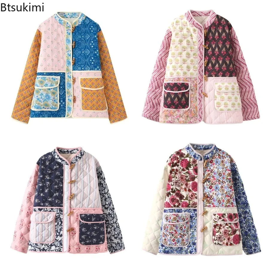 Vintage Floral Printing Patchwork Cotton-padded Clothes Jacket Fashion Winter Warm Coat Casual Parkas Fashion Lady Streetwear
