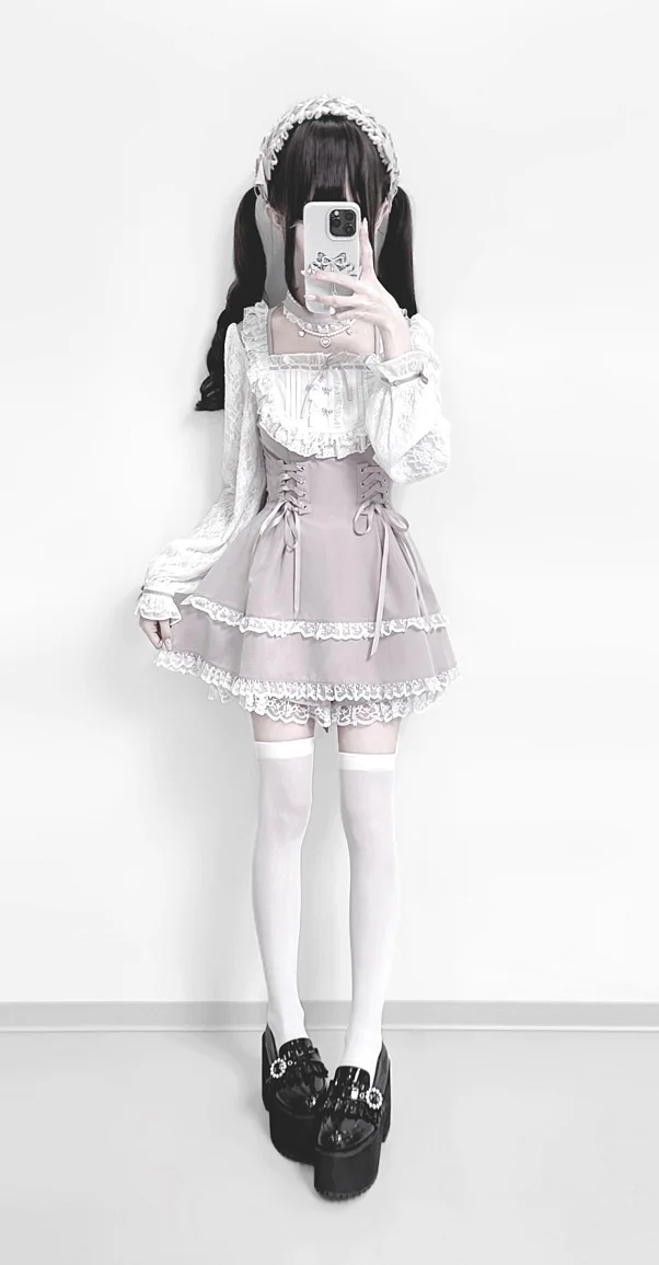 Coalfell Japanese Gothic Y2k Rhinestone Bow Dress Set Women Sweet Lolita Lace Ruffles Bandage Slim Dress Kawaii Party Dresses