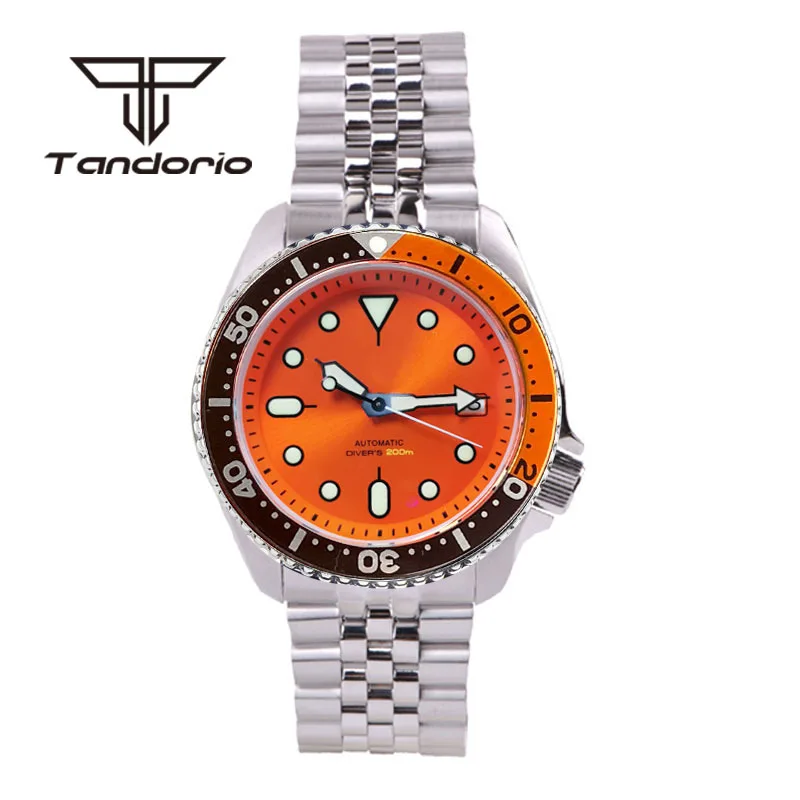 Tandorio Stainless Steel NH35A 41mm 200m Men\'s Automatic Dive Watches Bracelet Orange Sunburst Dial Luminous Sapphire Glass Date