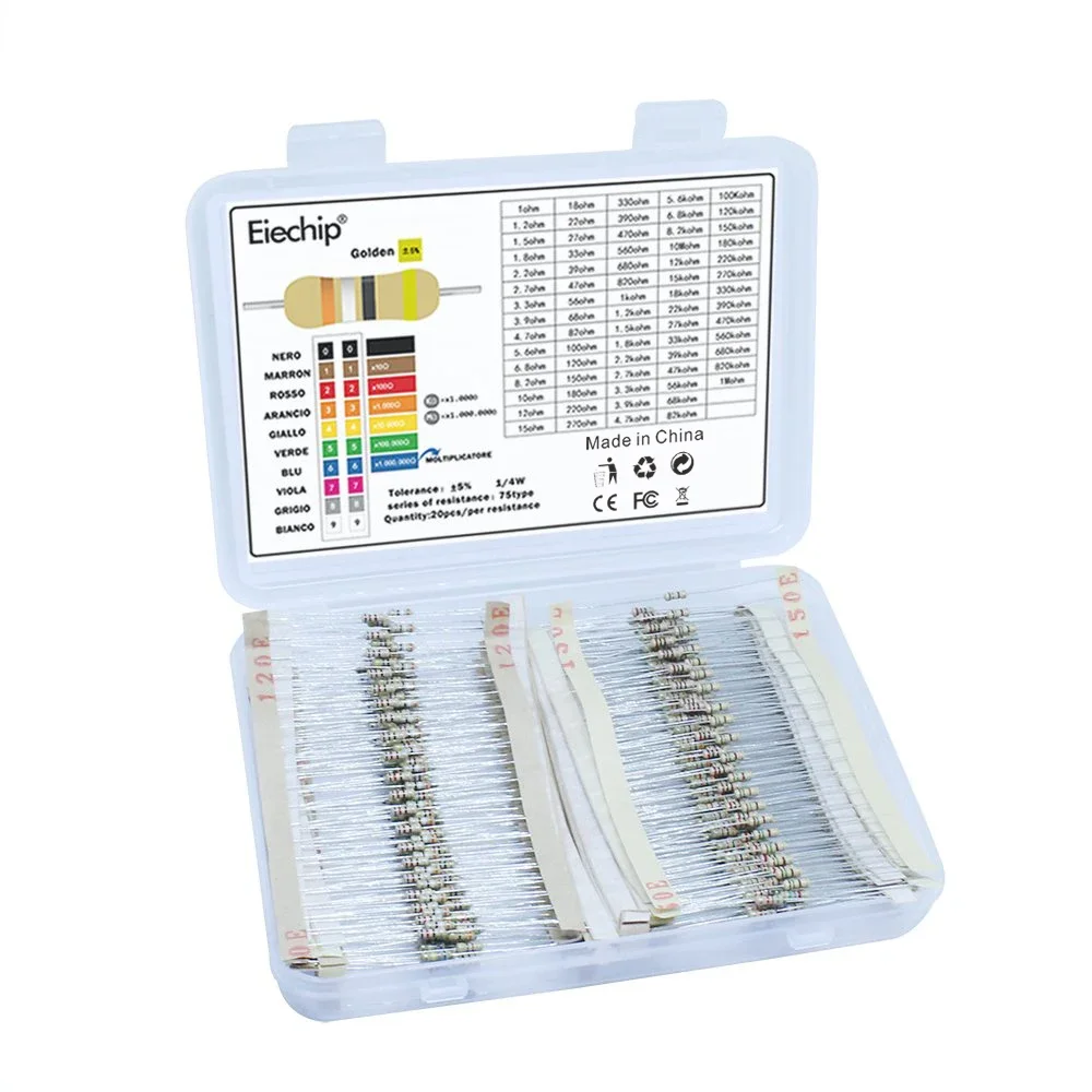 Carbon Film Resistor Variedade Kit, 1/4 de Potência, 1 Ohm-10M Ohm, Resistência 5%, Resistor eletrônico Set Pack, 75 Valores, 1500Pcs por lote