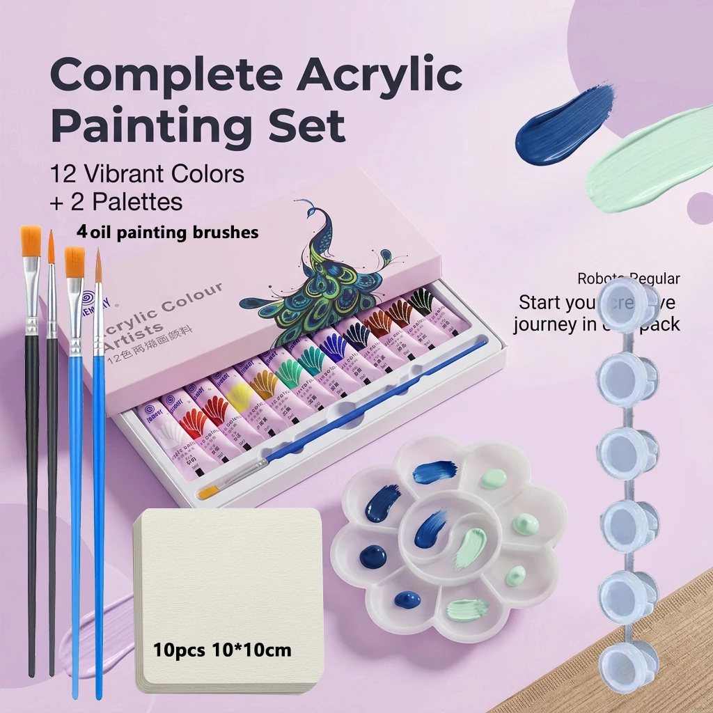 12/24 colors 5ml acrylic painting paints + palette + paint box + 10 sheets of 10*10cm watercolor paper + 4 oil painting brushes.