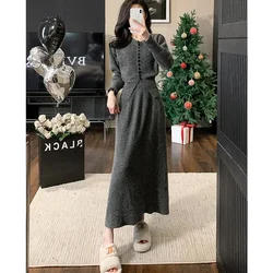 Women Skirt Sets Two Piece Set Knit Button Splice Sweaters Cardigan Thick Slim Fit High Waist Long Skirts Elegant Lady Winter