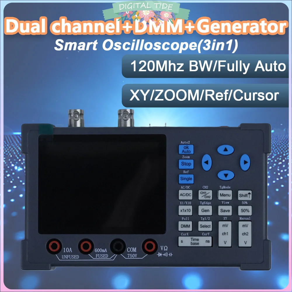 Protable DSO3D12 3.2 Inch Desktop Digital Oscilloscope 120M Bandwidth Dual Channel Multimeter and Signal generator 3 in 1