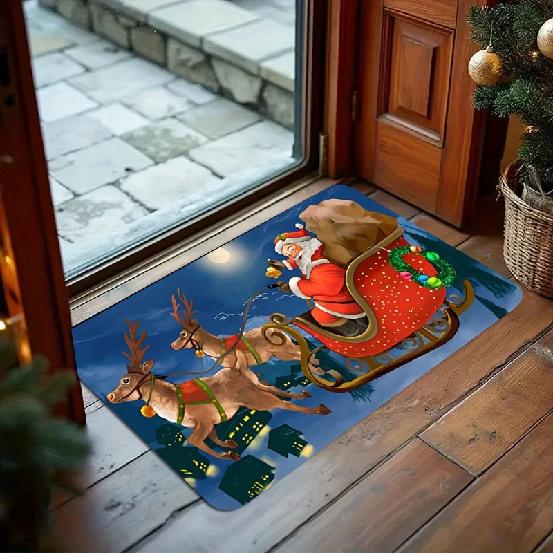 1pc Santa Claus & Reindeer Christmas Door Mat with Sleigh & Sweets Design - Non-Slip Machine Washable Flannel Mat with
