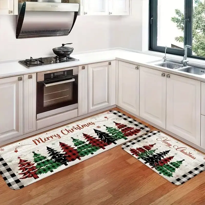 VIKAMA Buffalo Plaid Christmas Tree Kitchen Runner Mat Wood Grain Print Non Slip Mat For Entryway Indoor Home Xmas Decoration