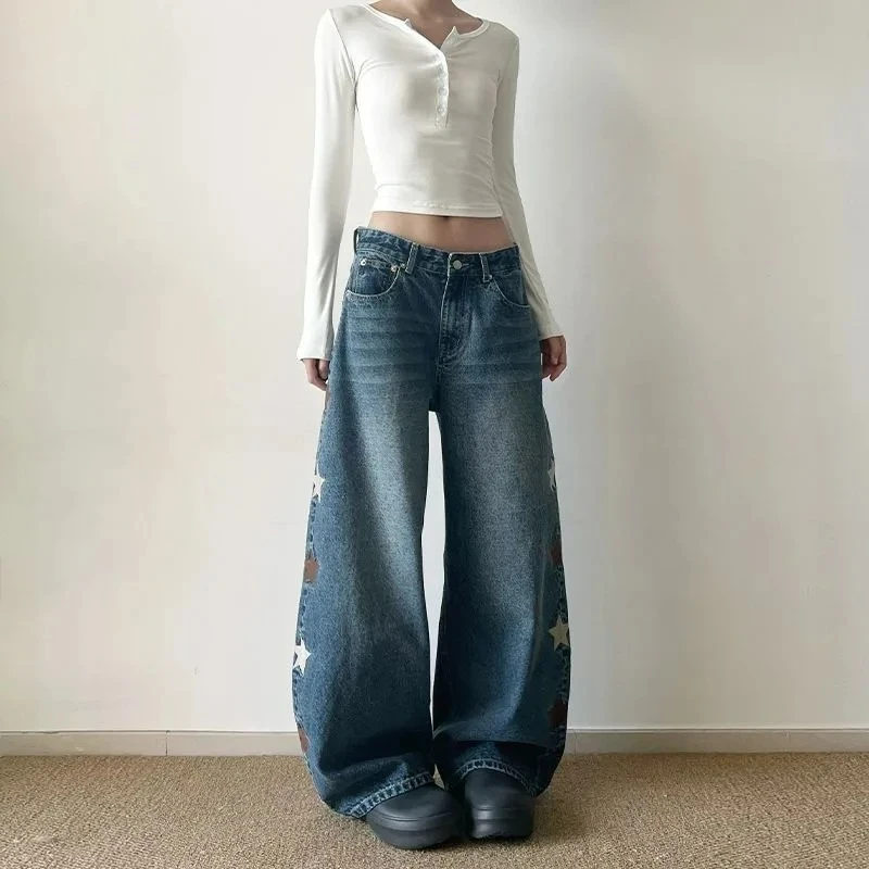 

American Vintage Casual Versitile Fashion Gyaru Print Wide Leg Denim Pants Mid-High Waist Blue Jeans Women New Cargo Pants Women