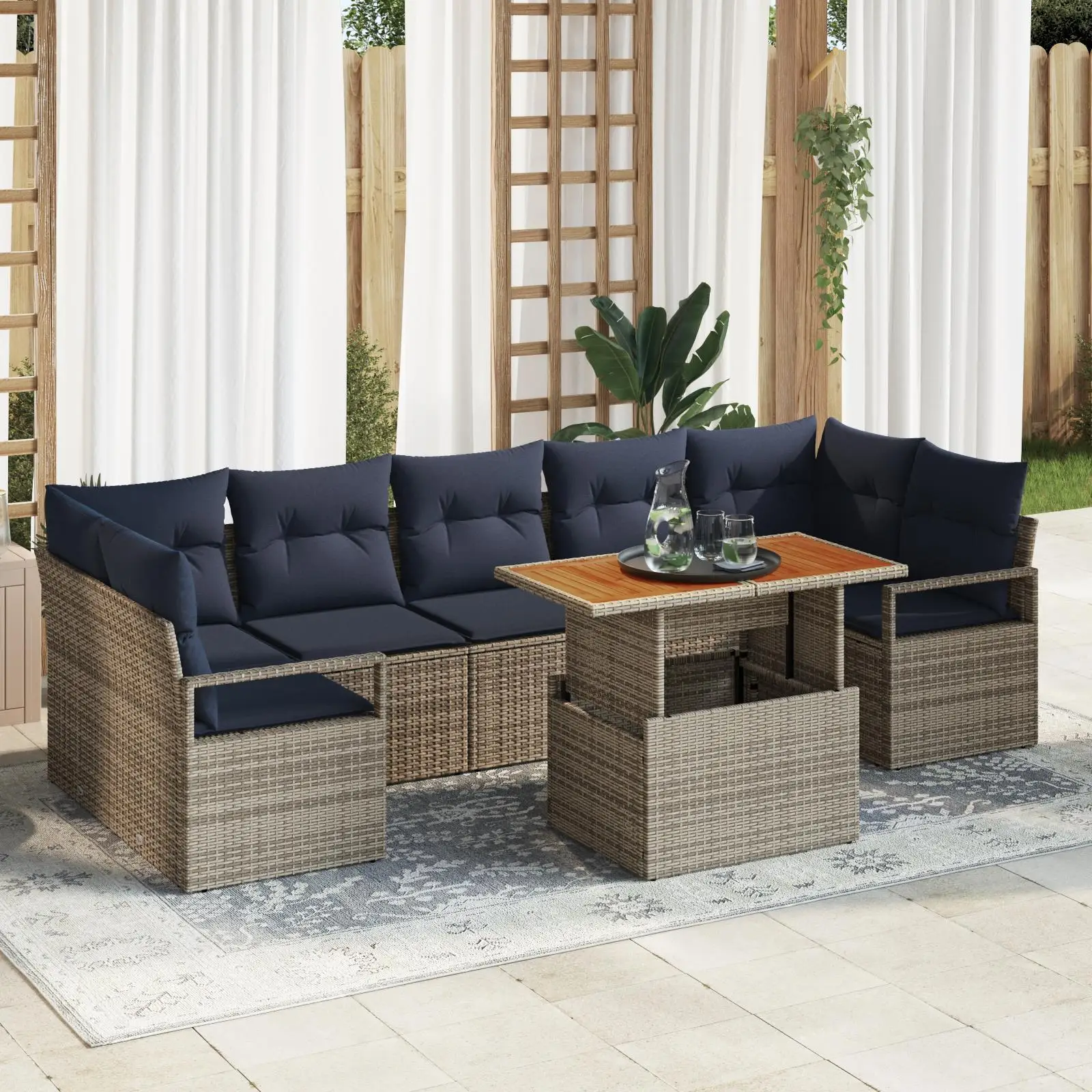 

8 Piece Grey Poly Rattan Garden Sofa Set with Cushions Acacia Wood Outdoor Furniture