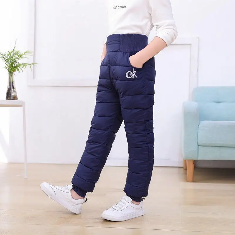 Winter Boys Girls Down Pants Velvet Plush Thicken Warm Trousers Children Teens Student Kids Outdoors Sports Ski Snowcoat Clothes