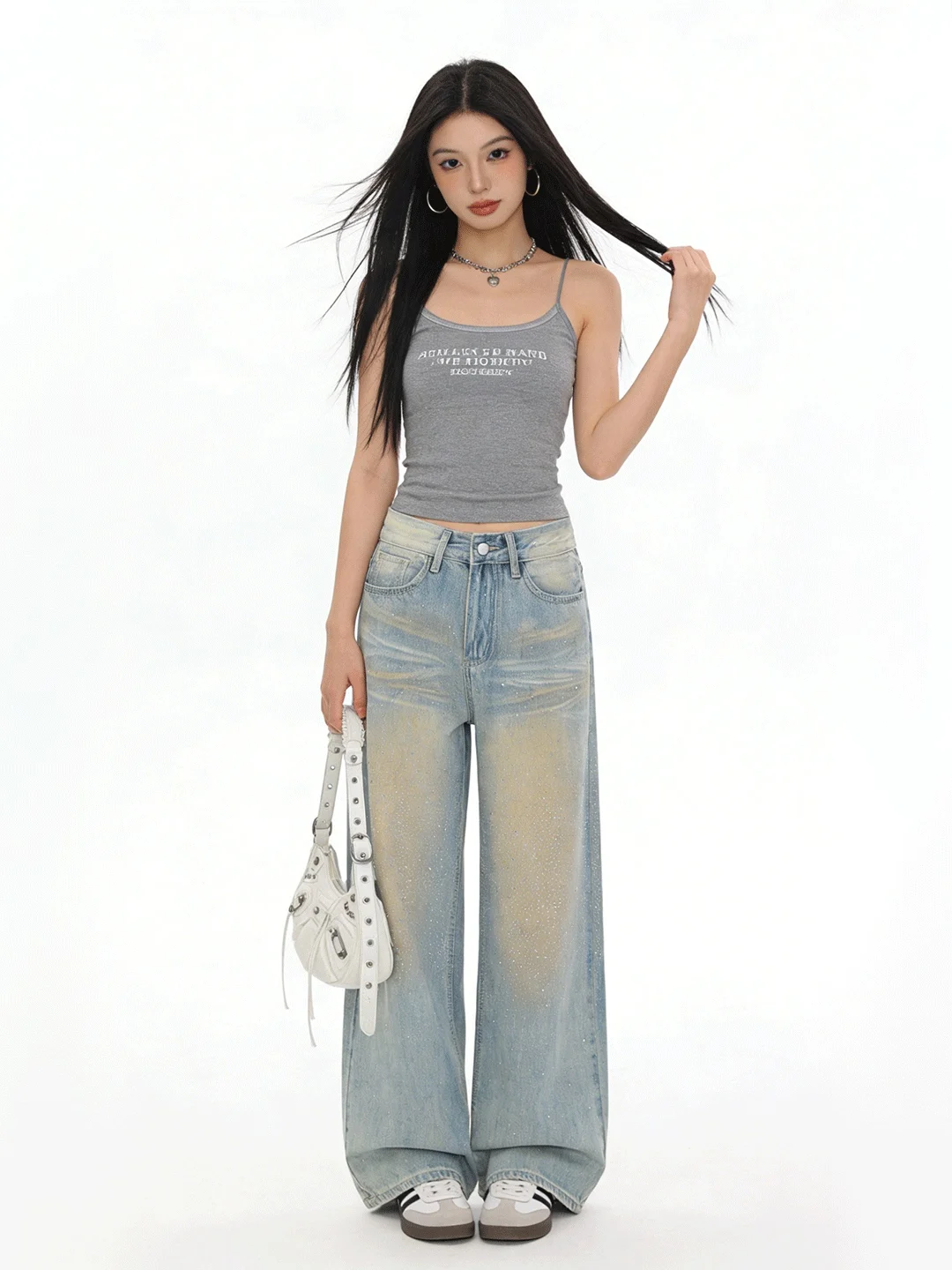 

adual Color Change Rhinestone Wide Leg Jeans Spring Lazy Loose Retro Versatile Light Colored Floor Length Pants