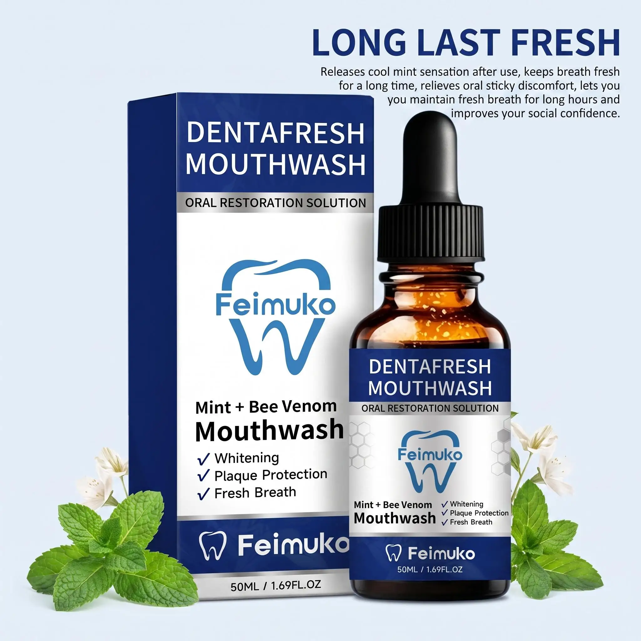 Feimuko Fresh Mint Breath Mouthwash Bee Venom Oral Restoration Solution Plaque Control Whitening Portable Daily Oral Care Rinse