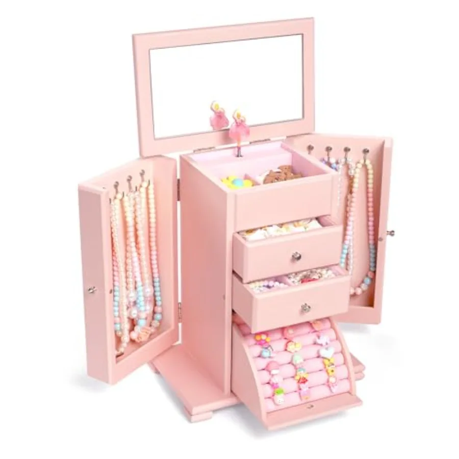 Joyero Musical para Niñas, Caja de Música Grande con Bailarina para Decoración de Dormitorio, Regalo de Joyería de 5 Niveles para Niñas