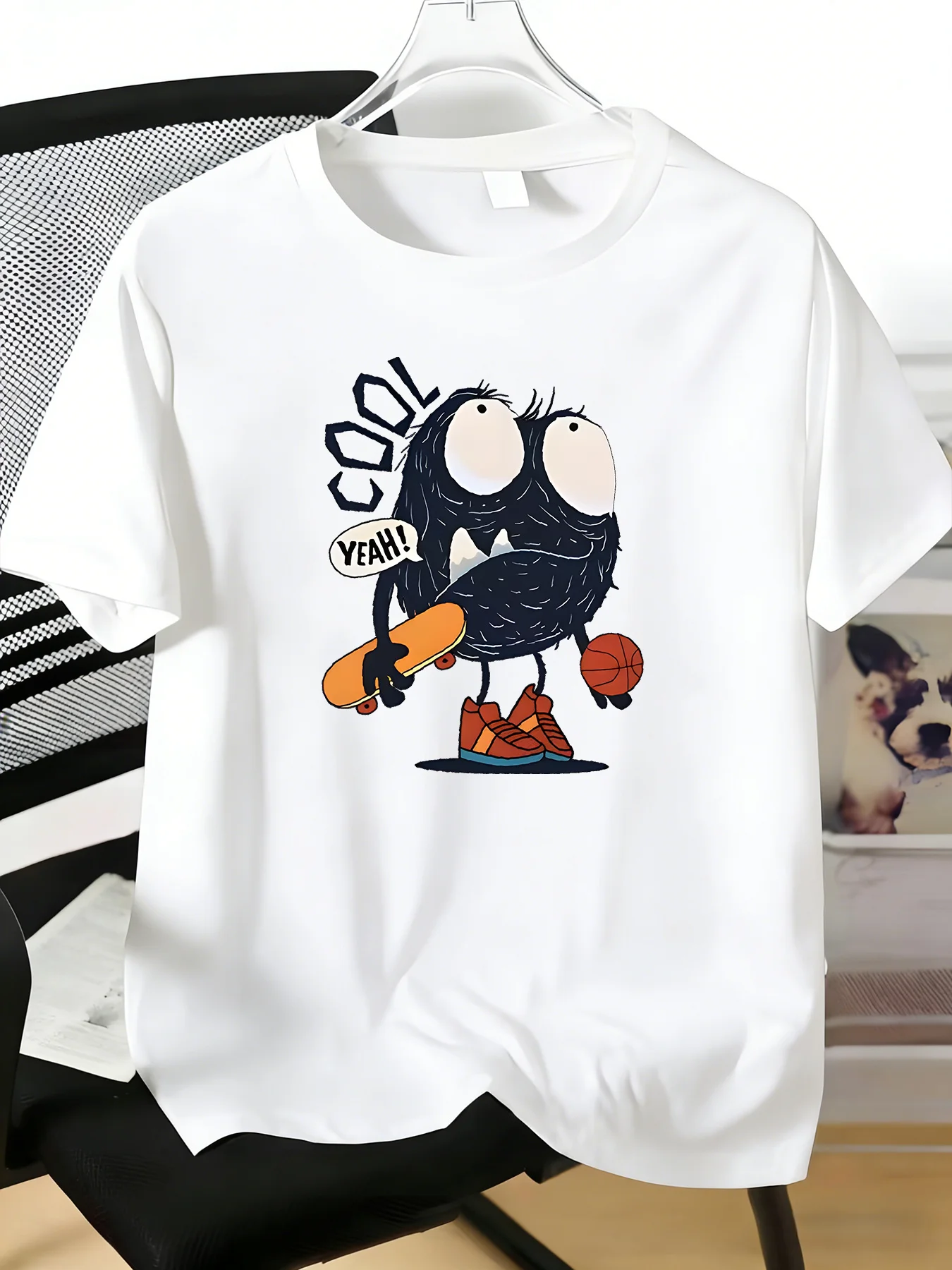 Fashion Mens Red Crew Neck Tee Hip Hop Cool Monster Skate Ball Art Print Soft Short Sleeve Street Vacation Daily Male Tops