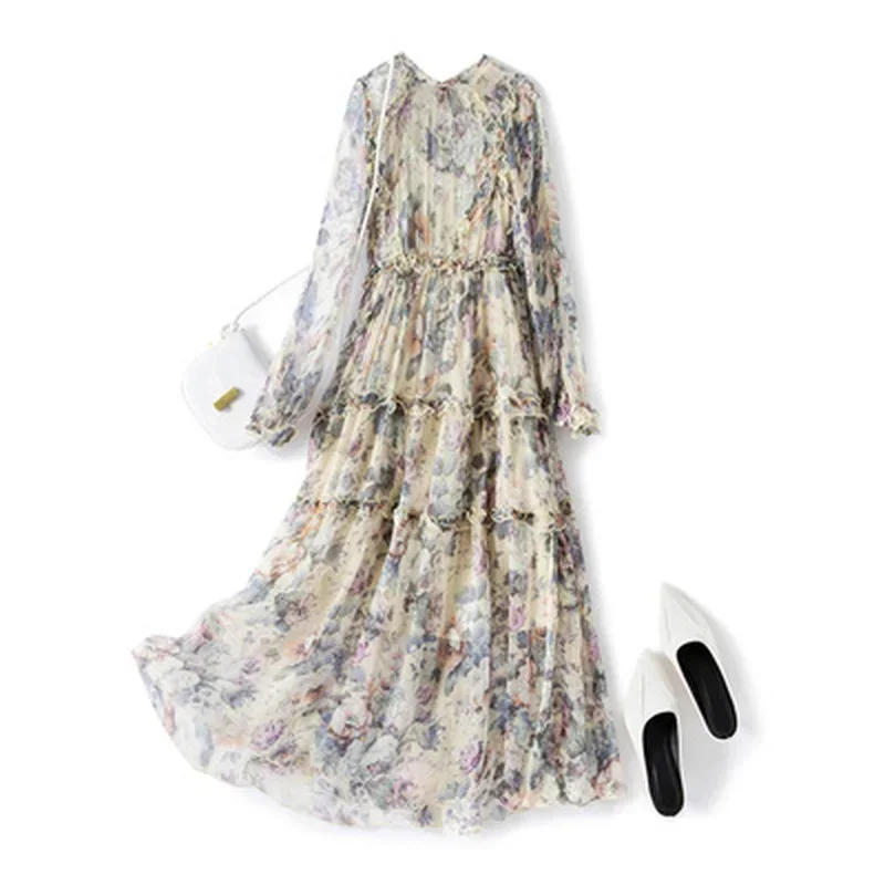 

100% Silk Summer Dress 2024 Long Sleeve Dress Floral Elegant Dresses For Women Casual Korean Fashion 2024 Vestidos Pph4039