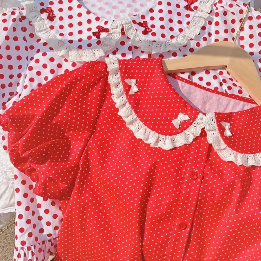 

Retro Dot Short Sleeve Blouse Women Casual Vintage Tops Cute Sweet Style Summer Daily Streetwear Chic Outfits