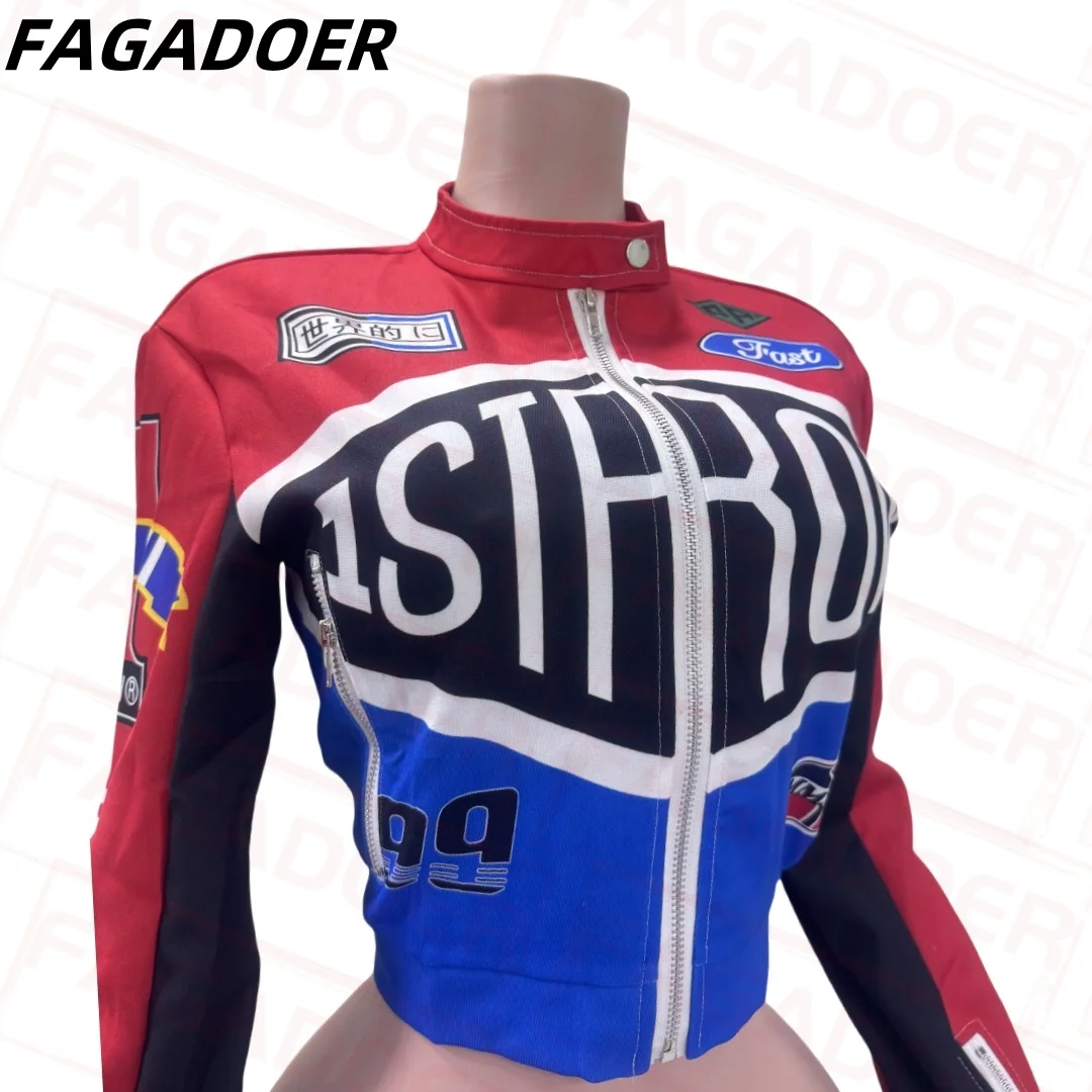 FAGADOER Punk Gothic Crop Jacket Fashion Women Color Blocks Letter Print Zip Patchwork Coat Hot Girl Streetwear Spring 2025 New