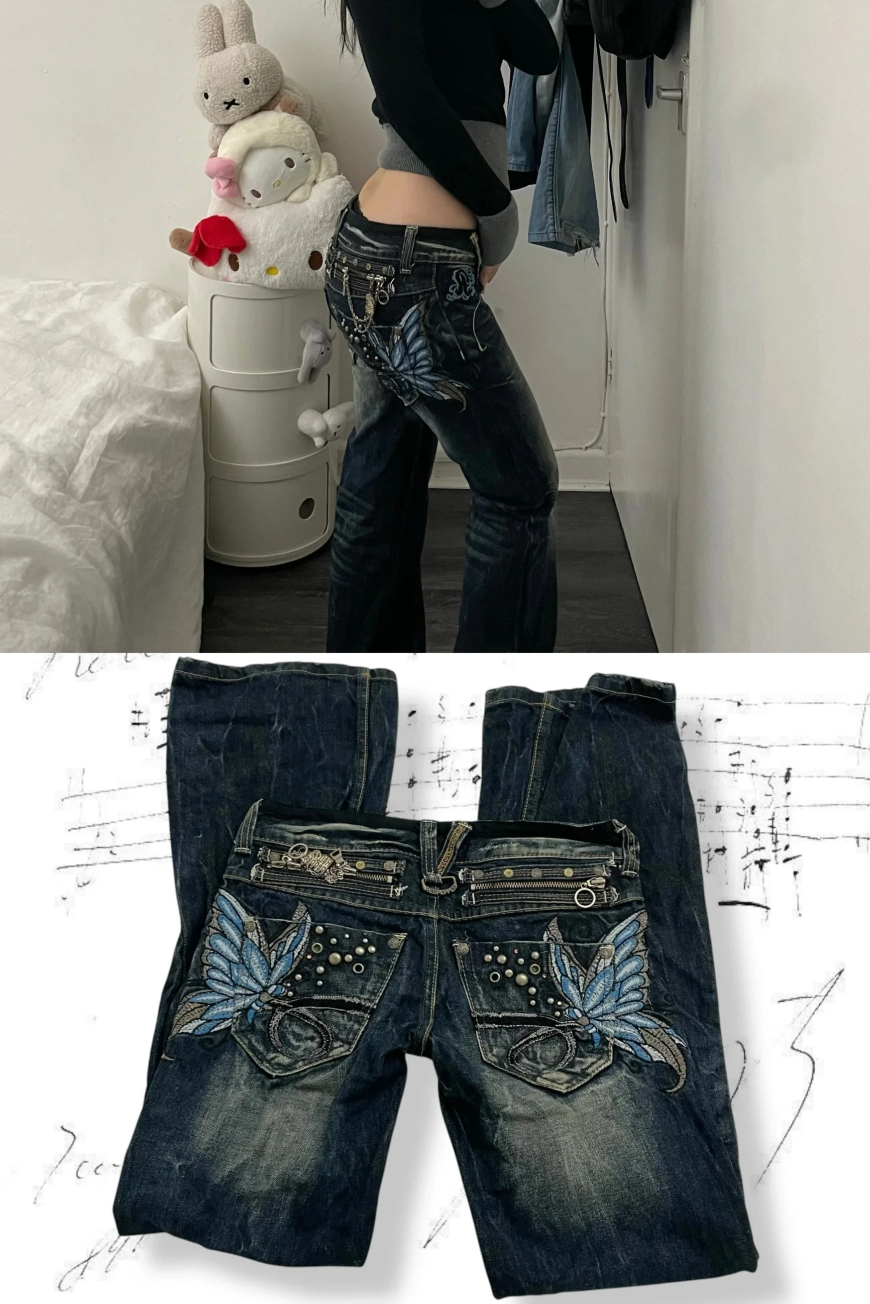 

Evening Peace Embroidery Retro Washed Micro Flared Denim Jeans Women Low Waist Slimming Long Pants Vintage Style
