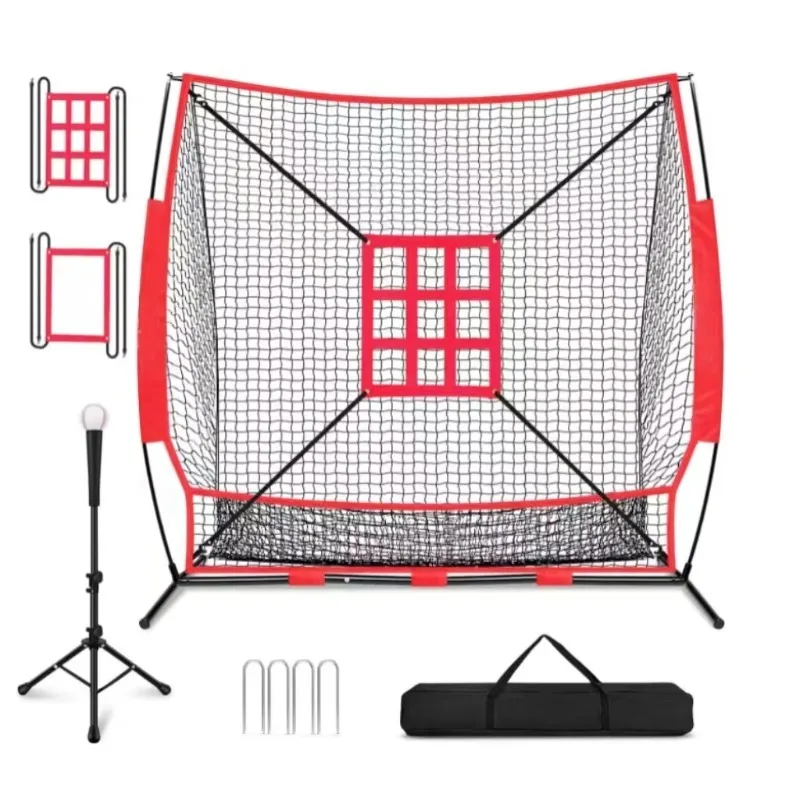Portable 7'x7' Baseball Training Equipment Pitching Net with Batting Tee and Strike Zone for Hitting Practice