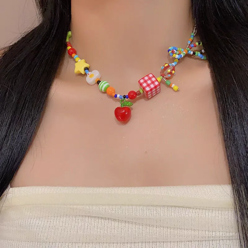 Cute Harajuku Cartoon Fruit Bow Colorful Beads Choker Necklace Egirl Goth Vintage 2000s Y2K EMO Jewelry Aesthetic Accessories