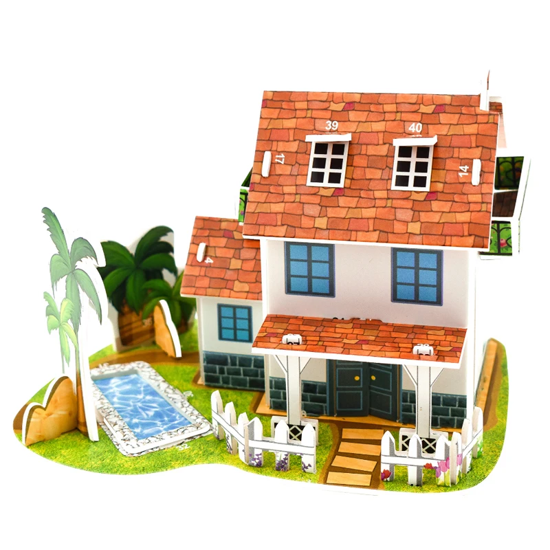 Mainan Puzzle anak Diy buatan tangan blok bangunan 3d teka-teki Stereo rumah kartun Eropa Villa kebun binatang Model Puzzle hadiah p323