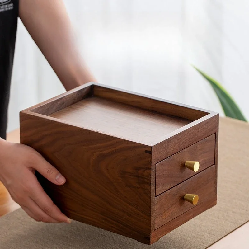 Walnut Solid Wood Drawer Box, New Chinese Tea Storage Cabinet, Desktop Cosmetics Organizer, Mortise Joint Small Display Case