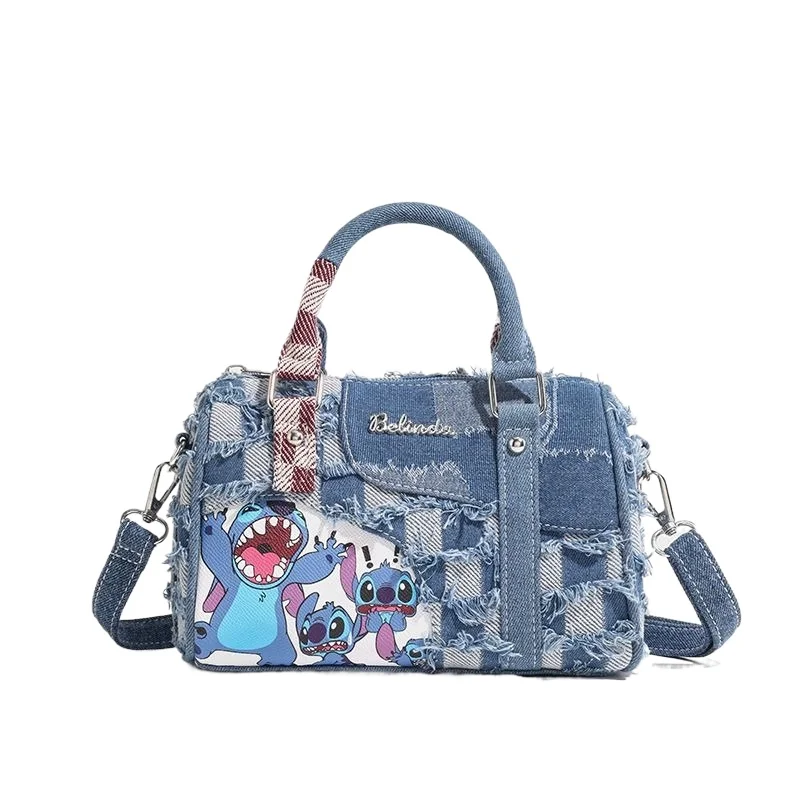 Disney Stitch cute funny handbag cartoon denim plaid splicing fashion versatile simple trend shoulder messenger bag