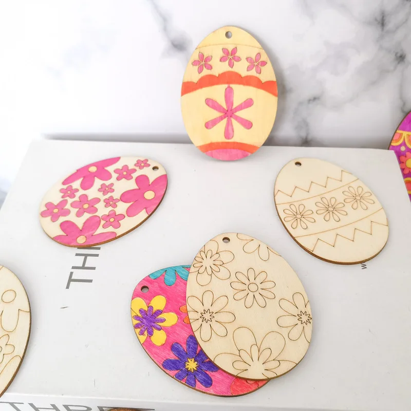 10pcs Easter Wooden Eggs Pendant Multi Type Wood Slices Hanging Ornaments For Easter Home Party Decoration Kids DIY Painting
