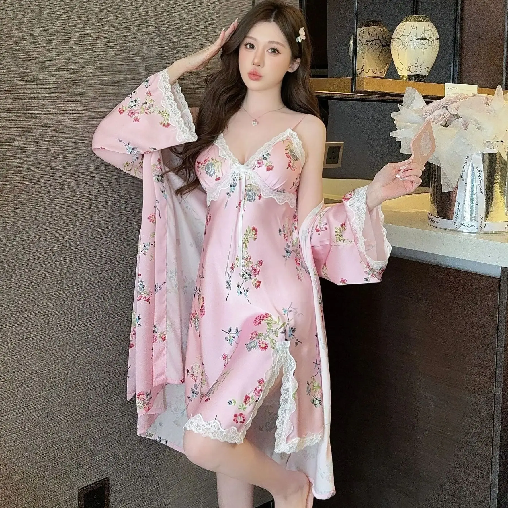 

2PCS Woman Satin Robe Gown Set Kimono Bathrobe Suit Lace Nightgown Sleepshirt Loungewear Summer Female Sleepwear Homewear