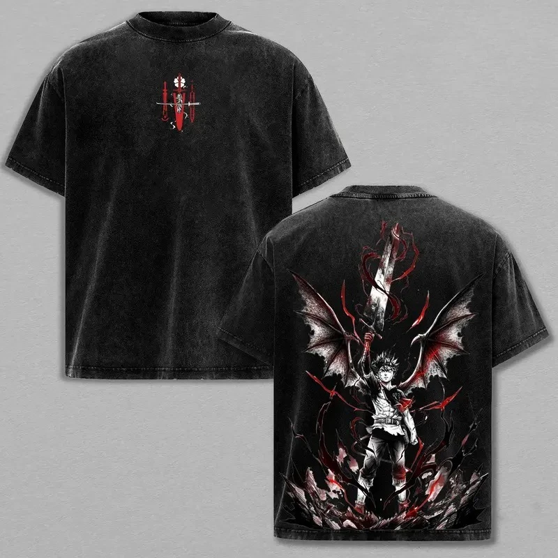 Anime Black Clover Asta Printed Tee Men Casual Short Sleeve Cotton Tshirts Retro Washed T-shirt Harajuku Male Oversized T Shirt