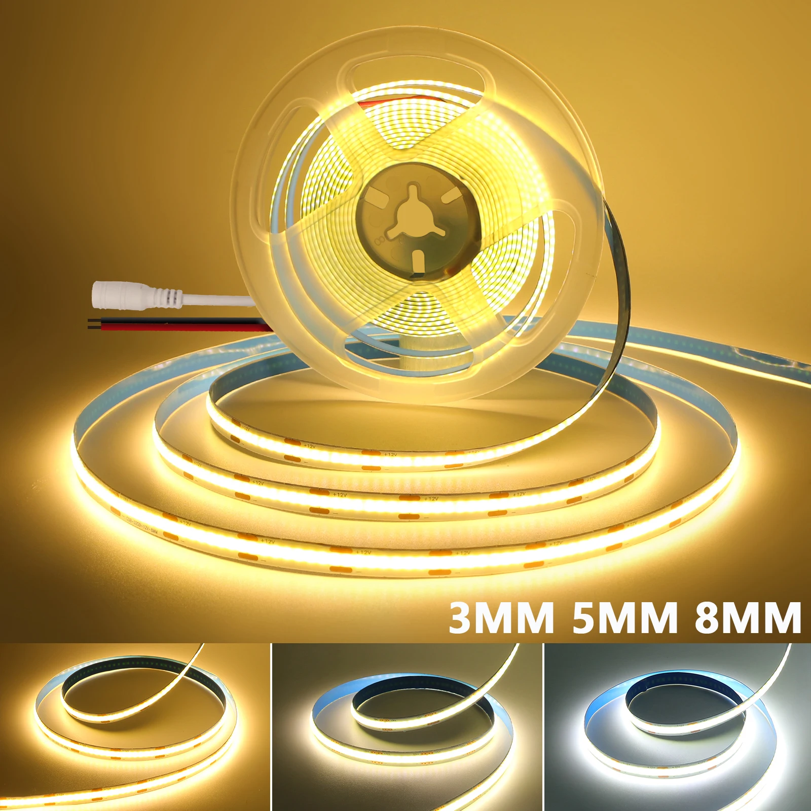 DC 12V 24V COB LED Strip Light 3mm 5mm 8mm PCB 3000K 4000K 6000K 320LED/M High Density Flexible Ribbon Tape Room Linear Lighting