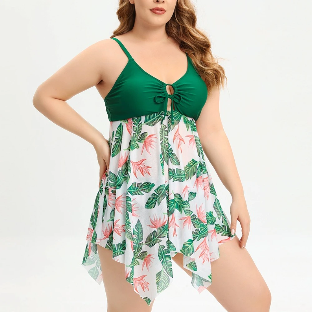 Hot Spring Beach Quick Drying Mesh Split Printing Splicing Large Size Flat Corner Swimming Pants Set Swimsuit with Chest Mat