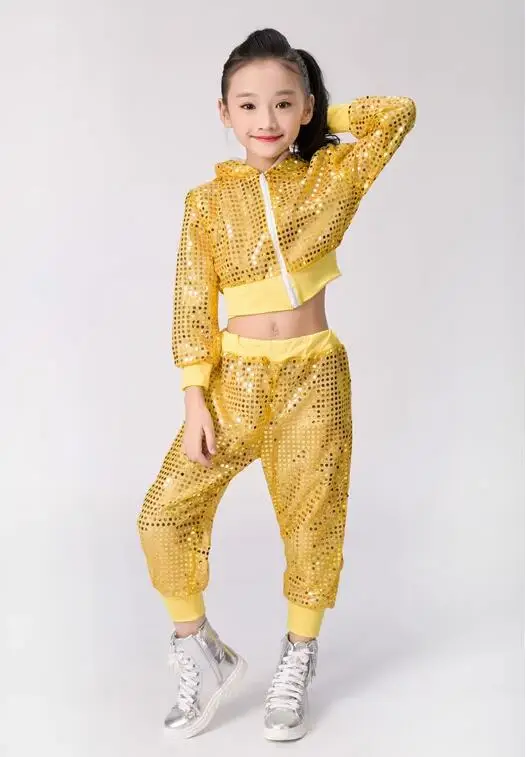 Kid Sequin Hip Hop Clothing Casual Shirt Cropped Sweatshirt Tops pants Girls Jazz Dance Costume Ballroom Dancing Clothes Wear